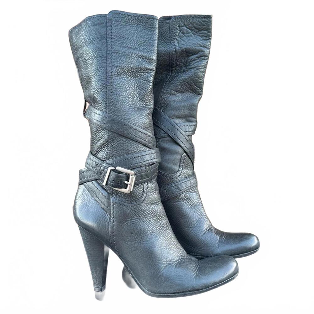 BCBG Leather High Heeled Wrap Around Buckle Boots SIZE 6.5 GRINGE 90s GOTH